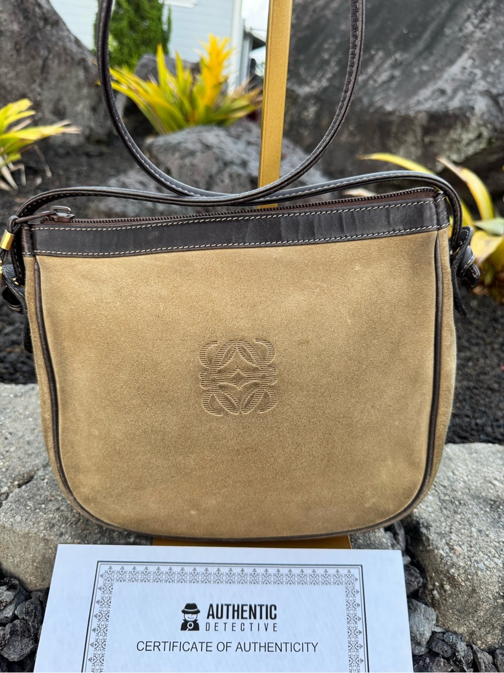 LOEWE Vintage Suede Crossbody Bag Anagram Logo Brown Tan Leather Trim with COA